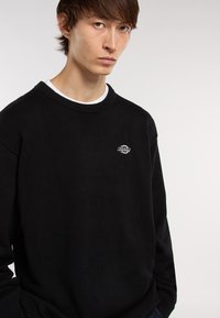 Schwarzer Strickpullover mit Rundhalsausschnitt, ausgestattet mit einem kleinen weißen Logo auf der linken Brust. Der Stoff hat eine strukturierte, gerippte Oberfläche.