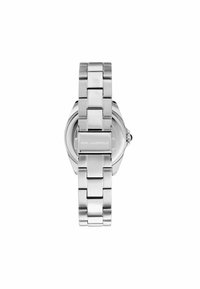 Orologio in acciaio inossidabile argentato con bracciale lucido, cassa rotonda e design minimalista. Presenta un fondello trasparente con incisione "KARL LAGERFELD".