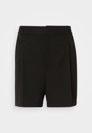 Schwarze Shorts aus einem glatten Stoff, mit einem plissierten Vorderdesign und einem elastischen Bund. Die geraden Beinschnitte sorgen für eine lockere Passform.