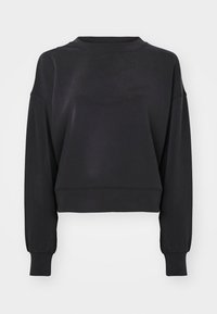 Sudadera negra corta con mangas largas y ajustadas, escote redondo y textura suave. Diseño minimalista sin patrones ni acentos visibles.