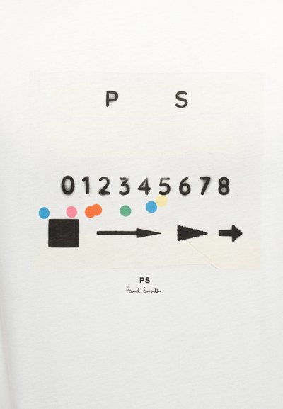 Οι αριθμοί 0-8 με μαύρο πάνω από πολύχρωμες κουκκίδες και μαύρα σχήματα: τετράγωνο, βέλη που δείχνουν δεξιά, με το κείμενο "PS Paul Smith" από κάτω σε λευκό φόντο.