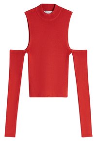 Röd ribbad långärmad topp med hög hals och öppen axeldesign. Har en kroppsnära passform och textil med struktur.