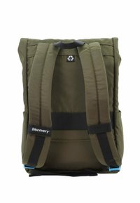 Zaino verde oliva con spalline imbottite e regolabili, dotato di manico superiore e logo "Discovery" sul fronte. Realizzato in tessuto resistente.