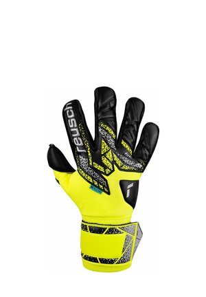 Guanto da portiere nero e giallo con dita imbottite e cinturino al polso, con marchio "reusch" e motivi di presa testurizzati.