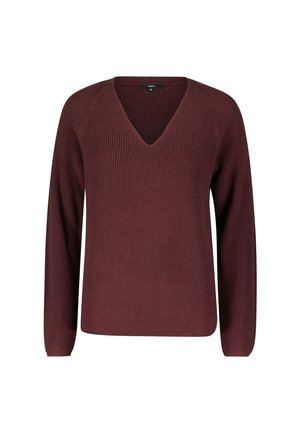 Burgundy knit sweater featuring a V-neck, long sleeves, and ribbed texture. Includes raglan sleeves and subtle diagonal stitching accents.