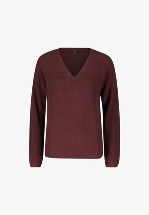 Burgundy neulepaita, jossa on V-pääntie, pitkät hihat ja ribattu pinta. Sisältää raglan-hihat ja hienovaraiset vinoilla ompeleilla tehdyt yksityiskohdat.