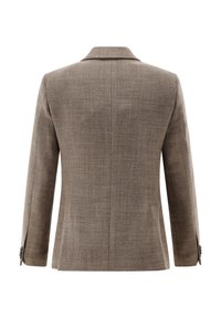 Brauner, maßgeschneiderter Blazer aus einem strukturierten, gewebten Stoff, mit Reverskragen und zwei Knopfakzenten an den Ärmelbündchen. Rückansicht gezeigt.