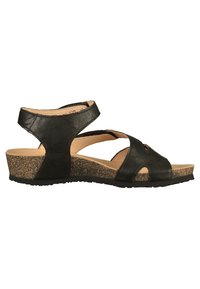 Sandale en cuir noir avec un talon en liège, dotée de plusieurs découpes et de sangles ajustables. Semelle texturée pour une meilleure adhérence.