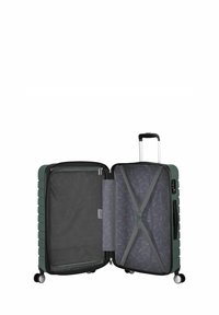 Valigia rigida verde con apertura con cerniera, interno rivestito, cinturini incrociati elastici e ruote scorrevoli. L'interno presenta motivi grigi.