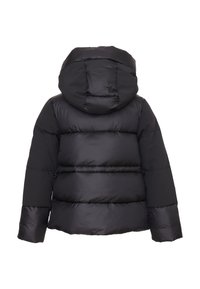 Giacca nera imbottita con cappuccio, caratterizzata da un design trapuntato, una texture liscia e polsini elasticizzati, progettata per garantire calore e comfort.