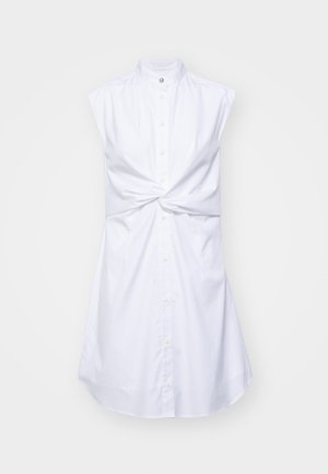 White sleeveless dress with a high collar, front button closure, and a knotted detail at the waist. Smooth fabric with a slight sheen.