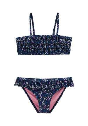 Costum de baie din două piese, de culoare bleumarin, cu bretele reglabile, margine fronsată și un model floral mic în nuanțe de roz, alb și galben pe material.