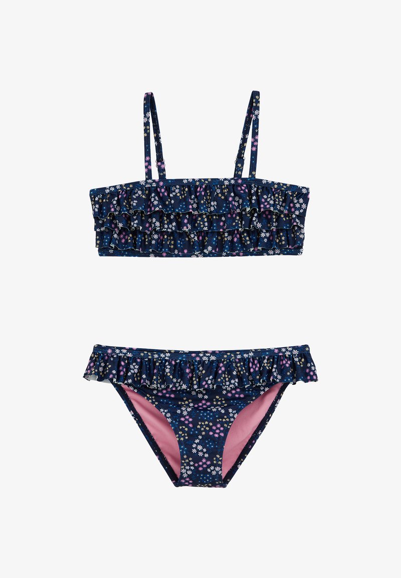 Maillot de bain deux pièces bleu marine avec bretelles réglables, bordures à volants, et petit motif floral rose, blanc et jaune sur le tissu.
