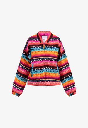 Šarena, uzorčena jakna od teksturirane tkanine koja sadrži pruge u ružičastoj, plavoj, narančastoj i crnoj boji. Ima prednji patentni zatvarač i džepove.