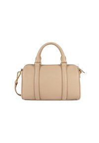 Sac à main en cuir beige avec deux poignées supérieures, une bandoulière réglable, des éléments en métal doré et des détails de couture verticale à l'avant.