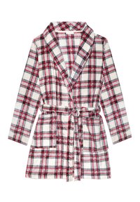 Rochie în carouri, roșie, neagră și albă, realizată dintr-un material moale și texturat. Dispune de un guler tip șal, curea de legare și două buzunare frontale.