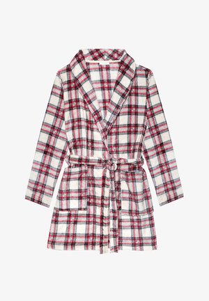 Geruite nachtjas in rood, zwart en wit, gemaakt van een zachte, textuurachtige stof. Heeft een sjawlkragen, een strikceintuur en twee voorzakken.