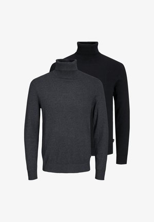 Due maglioni a collo alto a maniche lunghe, uno grigio scuro davanti e uno nero dietro, esposti su sfondo bianco.