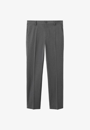 Temno sivi moški formalni hlače z nežnimi črtami, z zapiranjem na gumb, zankami za pas in žepoma spredaj.
