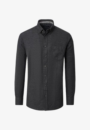 Dark gray long-sleeve button-up shirt with buttoned collar, front chest pocket, and subtle textured fabric.