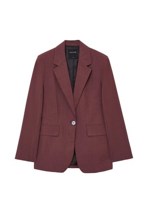 Blazer bordeaux con una texture liscia, con rever a punta, chiusura a un pulsante e due tasche frontali. Interno foderato di nero.