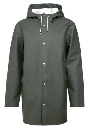 Green waterproof raincoat, rubber material, mid-length, with a hood, snap buttons, and two side pockets. Soft lining with a light color.