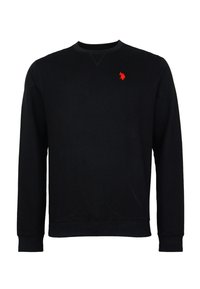 Čierna dlhá mikina s okrúhlym výstrihom a dlhými rukávmi, s malým červeným vyšitým logom osoby na koni hrajúcej polo na ľavom prsníku.