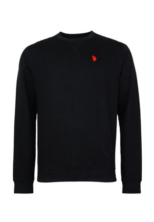 Sudadera negra de manga larga tipo crewneck con un pequeño logo bordado en rojo de una persona a caballo jugando al polo en el lado izquierdo del pecho.