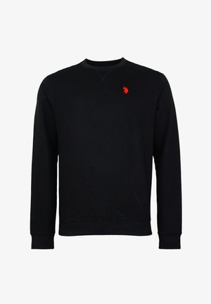 Zwarte sweatshirt met lange mouwen en ronde hals, voorzien van een klein rood geborduurd logo van een persoon op een paard die polo speelt op de linkerborst.