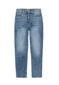 Jean en denim bleu clair avec une coupe droite, présentant un design classique à cinq poches, un bouton à l'avant et des détails de décoloration subtils.