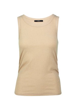 Beige ribbed tank top with a round neckline and sleeveless design. Soft texture with subtle sheen, featuring a label at the neck.