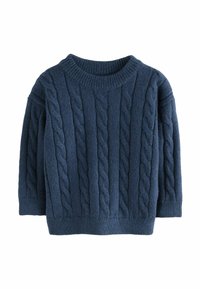Pulover tricotat bleumarin din lână moale, cu un model în cablu, guler rotund cu nervuri și mâneci de lungime trei sferturi.