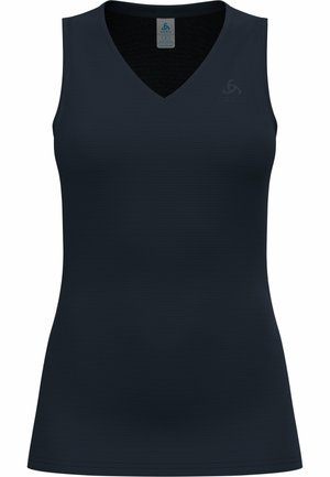 Zwarte mouwloze top met een V-hals, gemaakt van textuurstof. Bevat een subtiele logoprint nabij de halslijn. Lichtgewicht en ademend ontwerp.