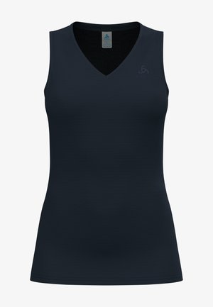 Black sleeveless top with a V-neck, made from textured fabric. Features a subtle logo print near the neckline. Lightweight and breathable design.