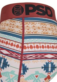 Boxer briefs a motivi rossi e marroni con cintura logo PS. Presentano forme geometriche in crema, teal e blu. Tessuto morbido e elasticizzato.