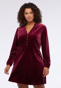 Abito in velluto bordeaux con maniche lunghe, con colletto e profilo di bottoni, decorato con piccoli punti argentati per un dettaglio accentuato.