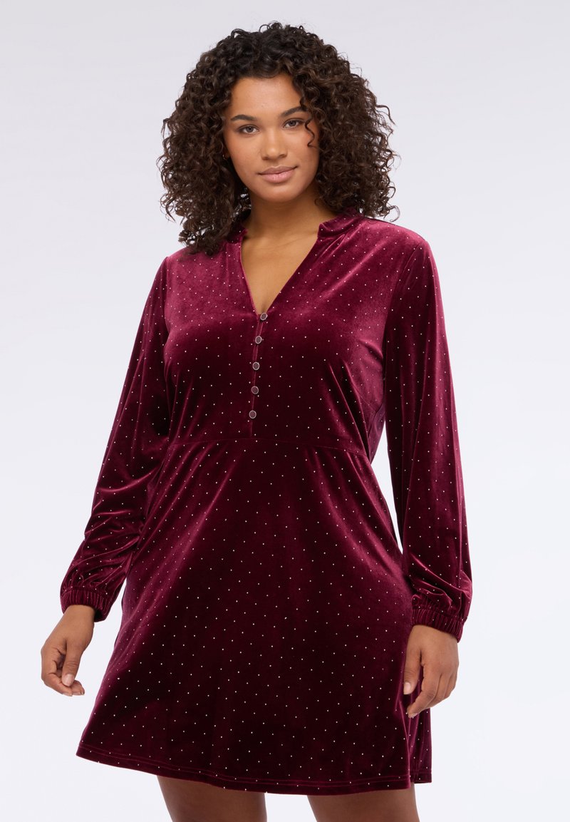 Abito in velluto bordeaux con maniche lunghe, con colletto e profilo di bottoni, decorato con piccoli punti argentati per un dettaglio accentuato.