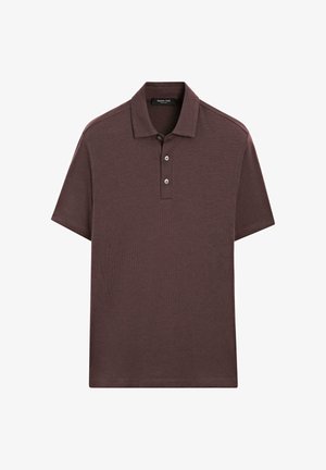 Brązowa koszulka polo wykonana z teksturowanej tkaniny, z trzema guzikami i krótkimi rękawami. Zaprojektowana w klasycznym kroju z dyskretnym żebrowaniem.