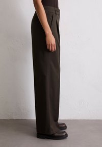 Pantalons marron plissés avec une silhouette droite, fabriqués à partir d'un tissu robuste. Portés avec des chaussures en cuir noir, sur un fond neutre.