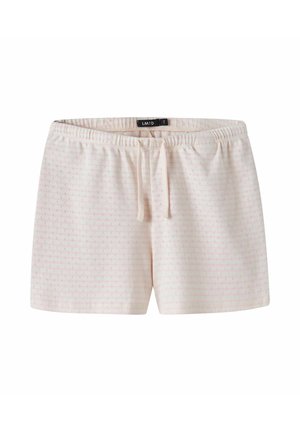 Lyserøde elastiske taljeshorts med lille prikmønster og snor foran, mærket LMTD, lagt fladt på hvid baggrund.