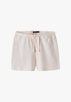 Pantalones cortos de cintura elástica en rosa claro con pequeño estampado de puntos y cordón delantero, etiquetados LMTD, colocados planos sobre fondo blanco.