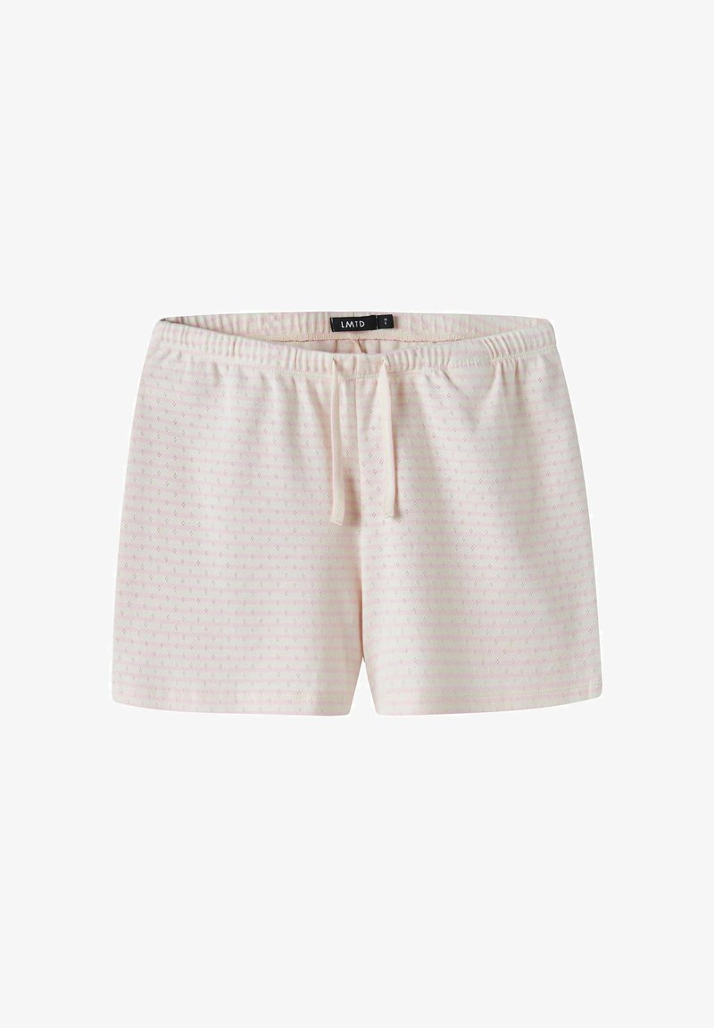 Shorts à taille élastique rose clair avec petit motif à pois et cordon de serrage à l'avant, étiquetés LMTD, posés à plat sur fond blanc.