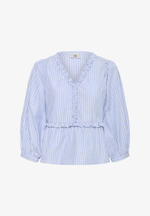 Hellblaue Bluse mit vertikalen Streifen, gerafftem V-Ausschnitt, dreiviertel Puffärmeln und einem elastischen Bund. Strukturierter Stoff.