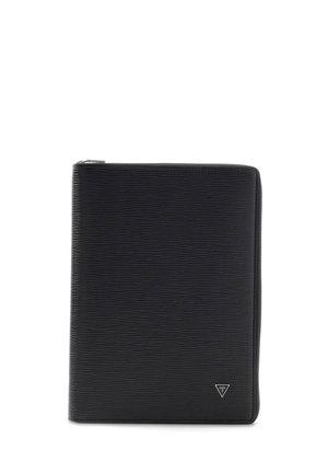 Portefeuille zippé en cuir texturé noir avec petit logo triangulaire Guess dans le coin inférieur droit.