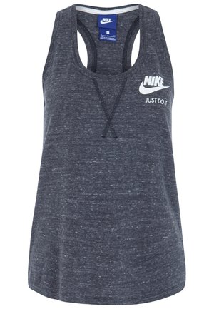 Débardeur de sport Nike sans manches gris foncé avec dos nageur, logo blanc et texte "Just Do It" sur la poitrine.