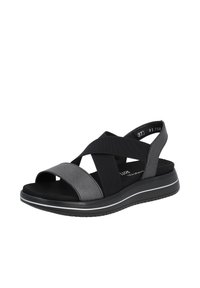 Schwarze und graue Sandalen mit überkreuzten Textilgurtungen, einem gepolsterten Fußbett und einer strukturierten Gummisohle. Flaches Profil mit dezenten Akzentlinien.