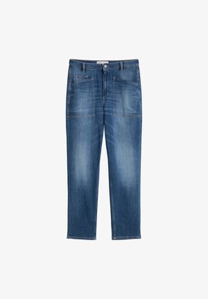 Spijkerbroek in mediumblauw met vervaagde plekken, rechte pijpen, twee voorzakken en één achterzak. Klassieke knoopsluiting.