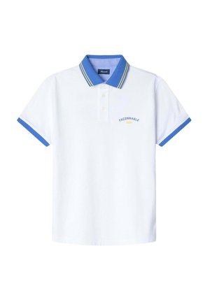 Polo bianco con colletto blu e dettagli nelle maniche, caratterizzato da strisce gialle e logo ricamato sul petto. Tessuto morbido.