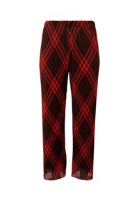 Bruine geruite broek met een rood kruispatroon, elastische tailleband, rechte snit en lichtgewicht stof. Lengte tot halverwege het onderbeen.