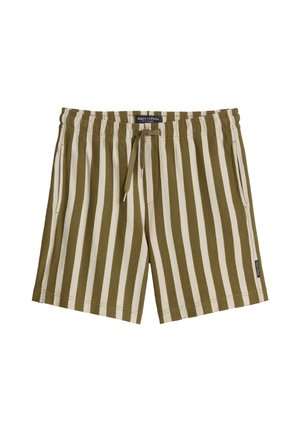 Shorts décontractés pour hommes avec des rayures verticales vert olive et beige, taille élastique, cordon de serrage, poches latérales et étiquette de marque Marc O'Polo.